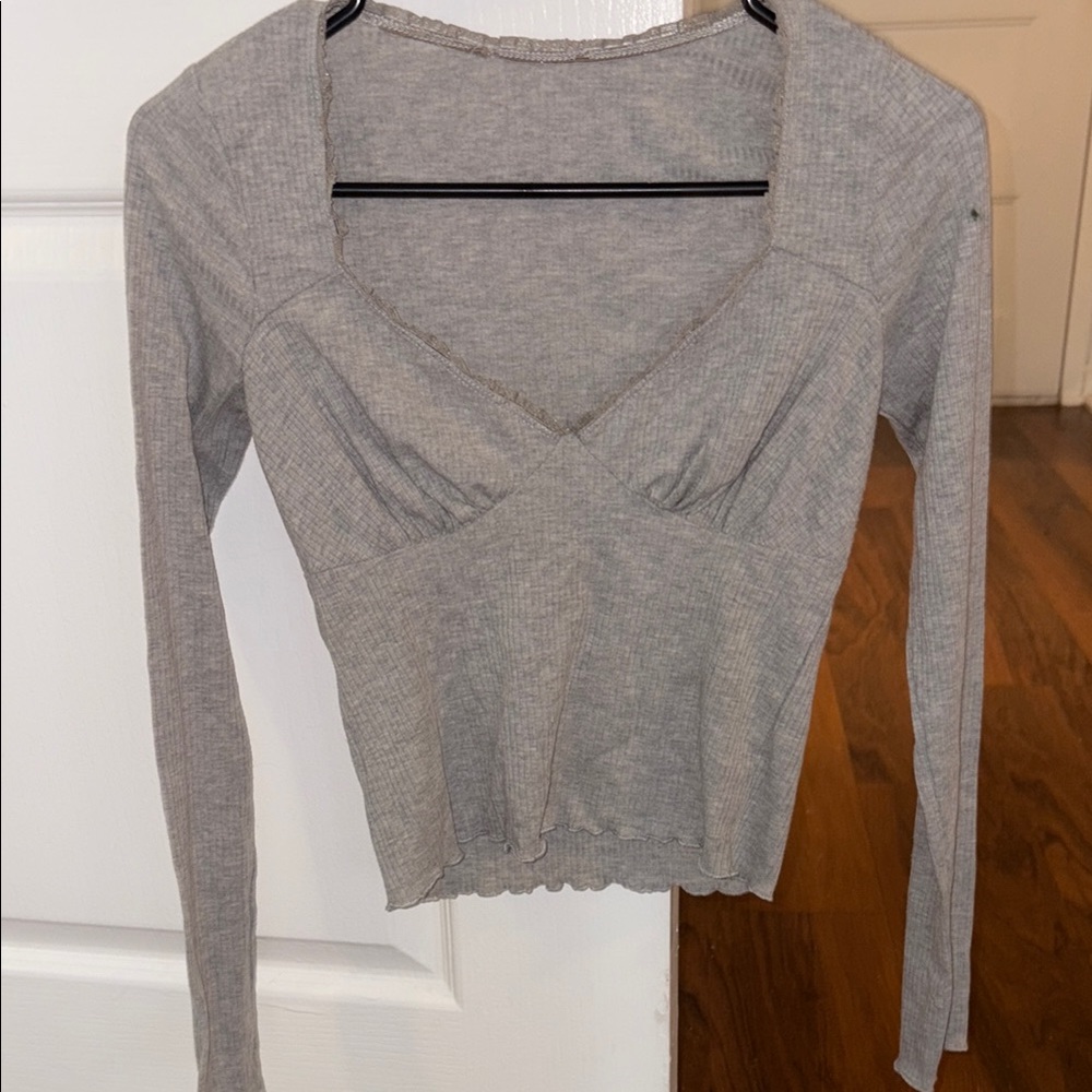 Gray Fitted Ribbed Long Sleeve Blouse